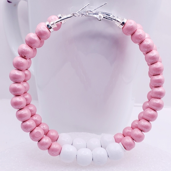 Hoop earrings with natural wooden beads, large hoop earrings - Picture 5 of 7